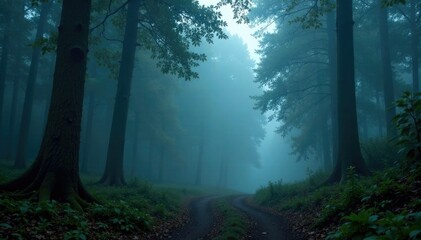 Fototapeta premium Fog creates a mystical ambiance in a secluded and mysterious forest, natural scenery, ambient light