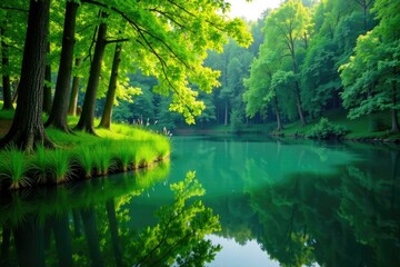 Forest trees with green reeds reflected on the calm lake surface, reeds, calm, lake
