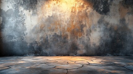 A concrete wall with dramatic water stains and natural weather effects, paired with a cracked floor, softly illuminated by low, warm lighting to create a moody product presentation, hd quality,