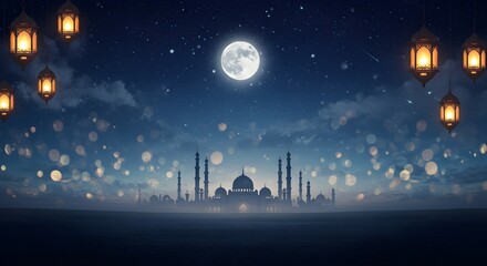 Naklejka premium Ramadan background, abstract ramadan background, dreamy ramadan kareem background, moon and sky background, mosque background, ramadan advertising, promotion, wallpaper, 4k 