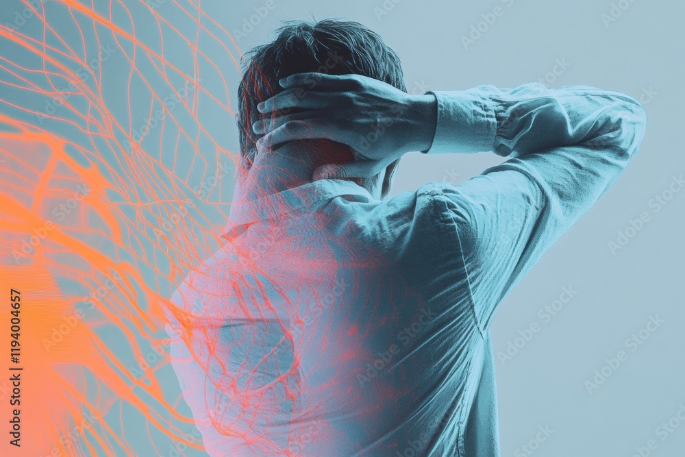 Leinwandbilder person experiencing pain while holding their head surrounded by abstract waves and sharp shapes in a