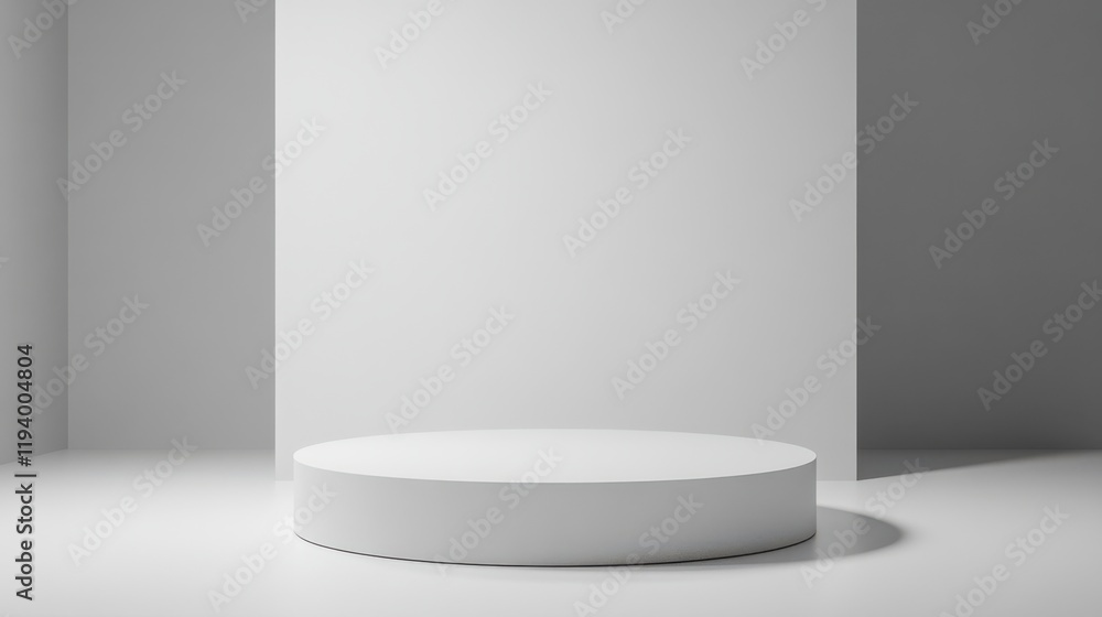 Poster minimalist studio background featuring a round white platform on a smooth floor surrounded by simple
