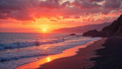 Beach sunset with vibrant colors reflecting on the water and waves crashing on the shore
