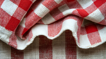 Fototapeta premium Red gingham tablecloth folds, rustic texture background