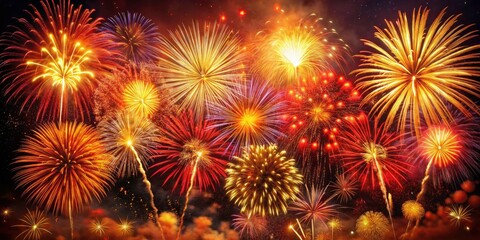 Naklejka premium Red Fireworks Photography, Night Sky, Colorful Explosions, 4th of July, Festive Pyrotechnics, Dramatic Night Scene, Fireworks Display, Candid Shot, Celebration