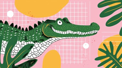 Crocodile illustration tropical jungle digital art colorful background playful style