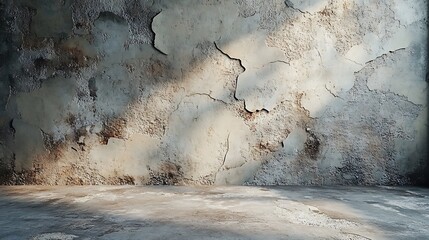 A distressed concrete wall with uneven horizontal layers and natural cracks, paired with a lightly worn floor, illuminated by soft directional lighting for an urban-inspired product presentation,