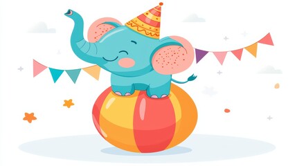 Obraz premium Playful elephant balancing on a ball at a birthday party colorful celebration joyful scene