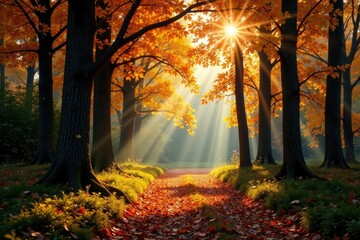 Mellow sunlight filters through forest canopy, autumn, dappled shade, woodland scenes