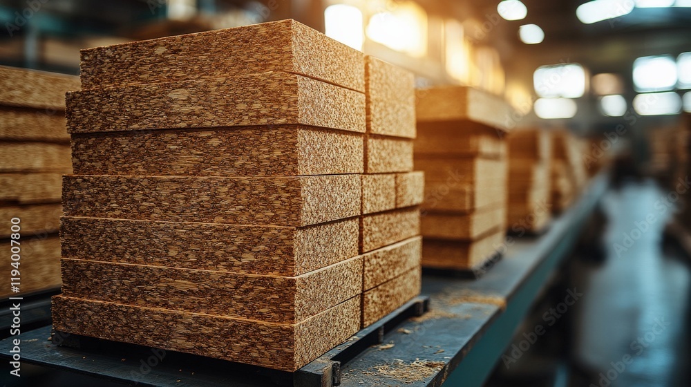 Poster stack of oriented strand board in a modern woodworking factory with warm lighting, showcasing the te