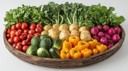 Fresh vegetables in a wooden bowl tomatoes, potatoes, cucumbers, radishes, and peppers.