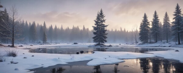 A peaceful winter landscape with snowfall on a frozen pond on Christmas Eve, peaceful, winter, landscape