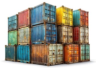Fototapeta premium Stacked Metal Cargo Containers, Shipping Industry, Industrial Photography, Urban Exploration, Isolated White Background