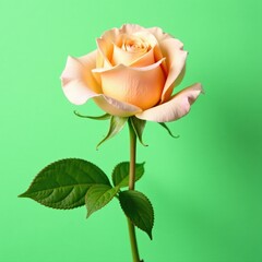 Peach colored rose stems and leaves against a bright green background, pastel green, botanical
