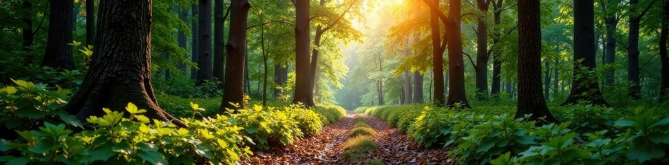Pfad durch einen waldigen Wald mit vielen Bl?ttern und Zweigen, zweige, forest
