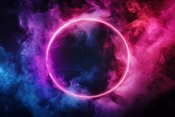 Obraz premium Round neon frame on a dark background with smoke