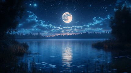 Full moon over serene lake at night, reflecting moonlight on calm water, surrounded by trees and clouds.
