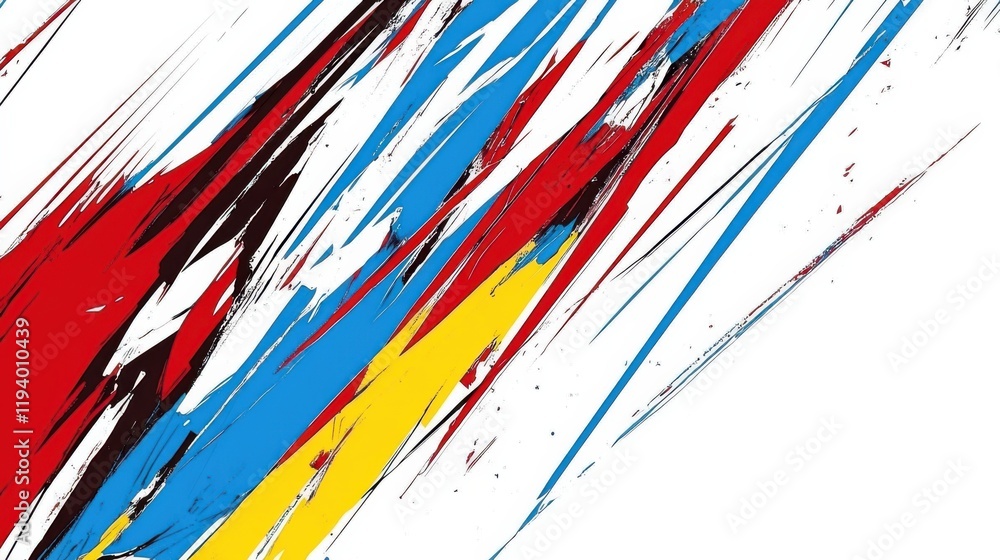 Poster dynamic abstract art with vibrant brush strokes in bold red, blue, yellow, and black creating a stri