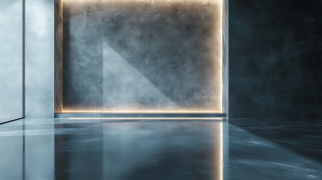A polished concrete backdrop with mirror-like reflectivity and clean gray tones, paired with a seamless glossy floor,