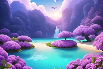 Naklejka premium Beautiful and Peaceful Nature Scenery Illustration Landscape Countryside Tranquil Vibrant and Colorful