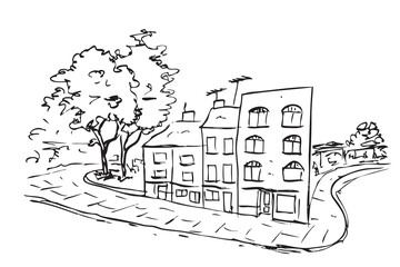 Cityscape Urban Street with Trees and Buildings, simple vector sketch illustration