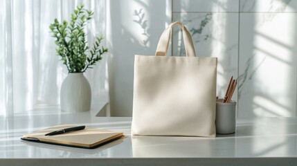 Beige tote bag mockup, kitchen sunlight, stationery