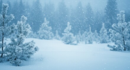 Winter wonderland, snowy landscape, frosted pine branches, soft blue light, glistening snow, dreamy atmosphere, magical forest, falling