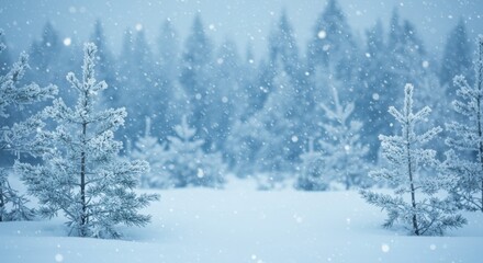Fototapeta premium Winter wonderland, snowy landscape, frosted pine branches, soft blue light, glistening snow, dreamy atmosphere, magical forest, falling