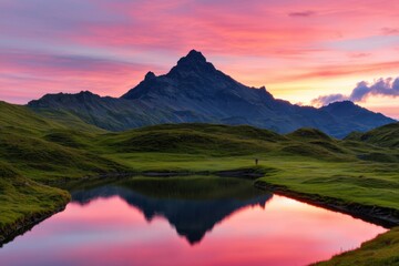 Fototapeta premium Majestic Mountain Reflection at Sunset with Vibrant Sky Colors