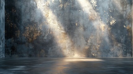 A rugged concrete backdrop with embedded metallic shards glinting under soft directional light, paired with a slightly textured floor for a contemporary and edgy product presentation, hd quality,