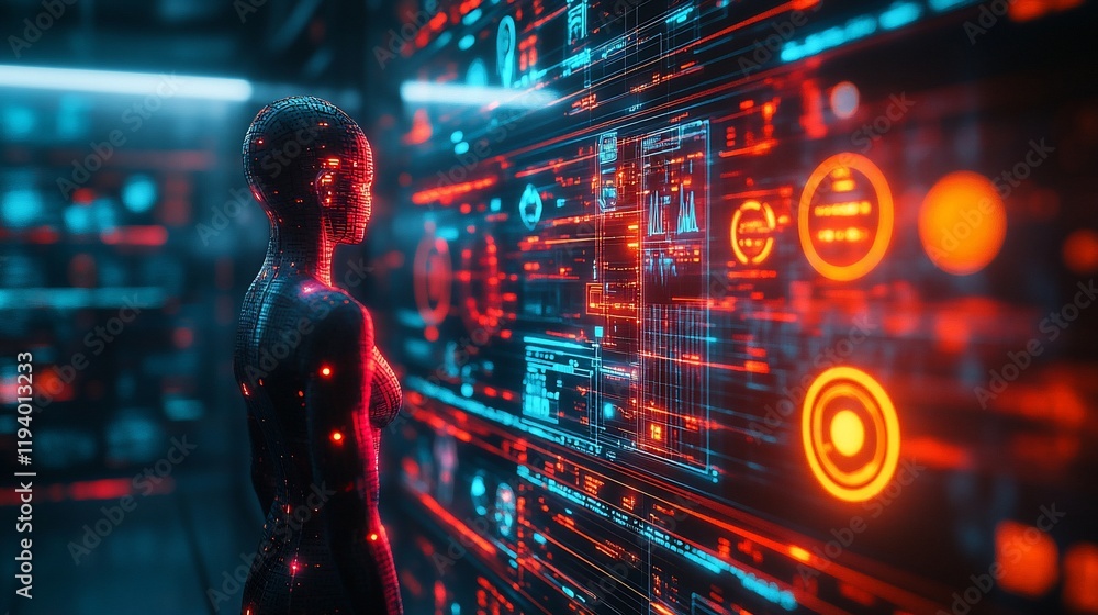 Poster futuristic female robot observing digital data streams on a large screen.