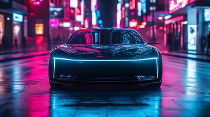 Futuristic electric car at night in neon-lit city street.