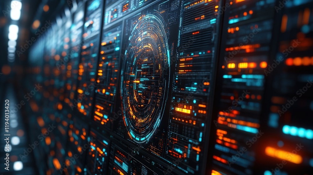 Aufkleber futuristic data center with glowing circuits and digital displays representing advanced technology a