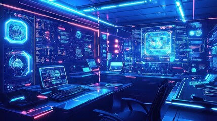 Futuristic control room; data analysis; neon lights; cybersecurity;  digital display