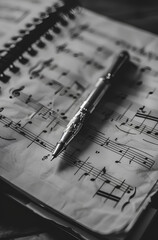 Fototapeta premium pen writing on the white sheet of music, musical notes and staff drawn in black ink. The pen is silver with an engraved logo at its tip