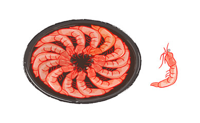 Cooked iced shrimps on a black plate