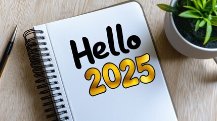 New year greetings 2025 desk setup digital art inspirational top view celebration theme