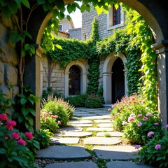 Fototapeta premium Stone pavement with vines and wildflowers in a secluded courtyard, stone, castle