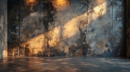 A rugged concrete wall with visible water stains and streaks from weathering, paired with a smooth matte floor, softly illuminated by warm ambient lighting for a rustic and authentic product backdrop,