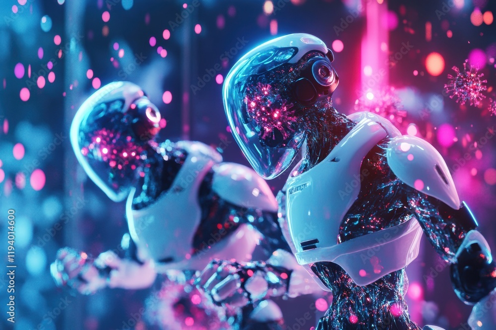 Poster robots engaged in virus neutralization at a futuristic facility during an advanced technology demons