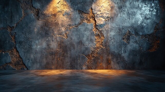 A rugged industrial concrete wall with deep cracks and rough crevices, paired with a smooth matte floor, softly illuminated by warm ambient lighting for a raw and edgy product presentation backdrop,