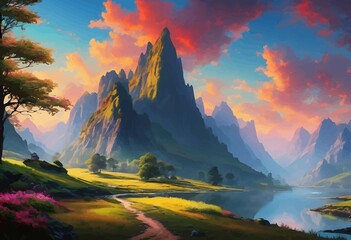 Fototapeta premium Beautiful and Peaceful Nature Scenery Illustration Landscape Countryside Tranquil Vibrant and Colorful