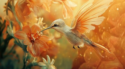 Naklejka premium Hummingbird feeding, flowers, garden, sunset, nature, poster
