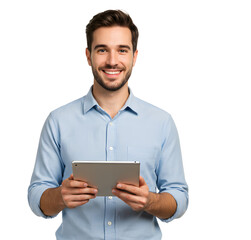 Portrait of handsome smiling man using a tablet computer.