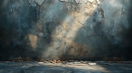 A rustic concrete wall with deep cracks and chipped areas, paired with a distressed floor, bathed in soft directional light to bring out surface details for a moody product presentation, hd quality,