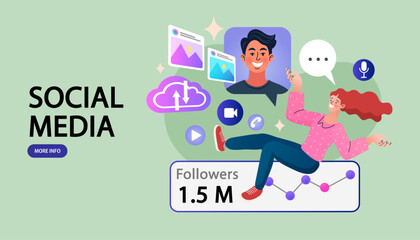 Woman with megaphone on screen. social media or network promotion. influencer marketing concept - blogger promotion services and goods for his followers online. Flat vector outline illustration.