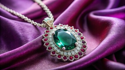 Obraz premium A shimmering emerald gemstone pendant with intricate silver detailing and ruby accents, resting on a soft, velvety purple fabric, reflecting a touch of luxury and elegance.