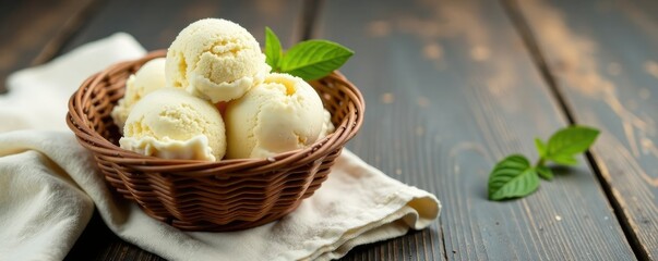 Vanilla ice cream in a wicker bowl on a distressed wooden table, napkin, wood, tablecloth