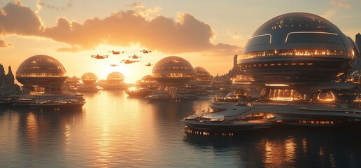 Obraz premium Futuristic sunset cityscape with dome buildings, yachts, and flying vehicles on water.