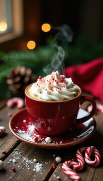 Warm and cozy scene on a rustic wooden table featuring a steaming cup of peppermint mocha coffee with festive holiday decorations, wooden, warm